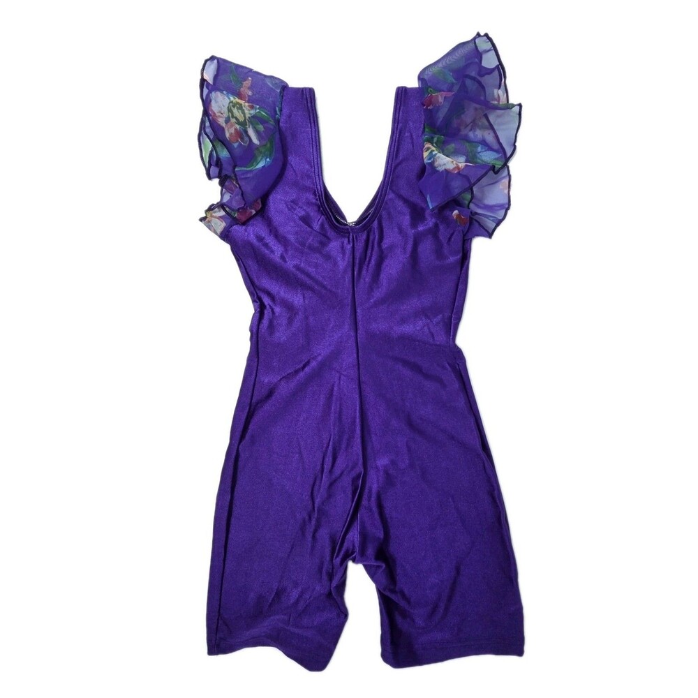 Body Wrappers VTG Royal Purple Chiffon Ruffle Lycra Unitard Biketard Kids 12/14 - Picture 6 of 12